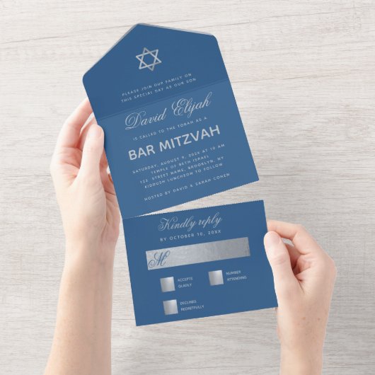 Bar Mitzvah Classic Blue Faux Silver Star Script All In One Uitnodiging (Afscheurbaar)