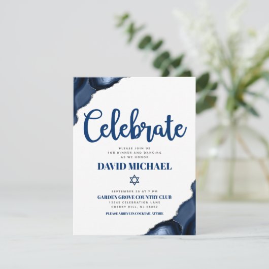 Bar Mitzvah Eenvoudig Marine Blauw Agaat Modern Sc Informatiekaartje (Staand voorkant)