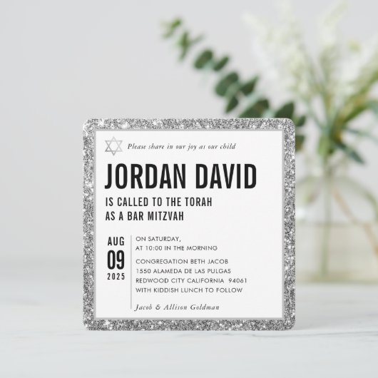 BAR MITZVAH eenvoudige moderne trendy zilveren gli Kaart (Staand voorkant)