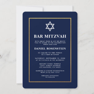 Bar Mitzvah Elegant Invitation Bleu et Or