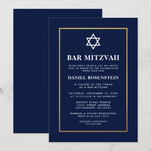 Bar Mitzvah Elegant Invitation Blue Gold Kaart (Voorkant / Achterkant)