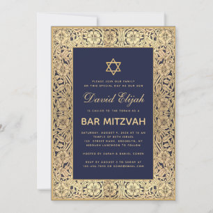 Bar Mitzvah Elegant Navy Blue Gold Rozen Kaart