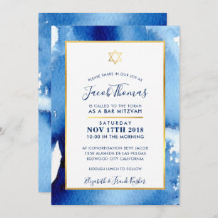 BAR MITZVAH étoile d'or invitation d'aquarelle ble