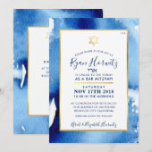 BAR MITZVAH étoile or bleu aquarelle invitation RY (Devant / Derrière)