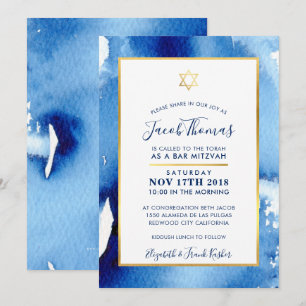BAR MITZVAH gouden ster smart blue waterverf uitno Kaart