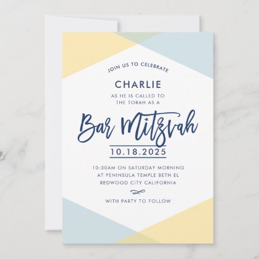 BAR MITZVAH INVITATION à la main lettré marine ble (Devant)