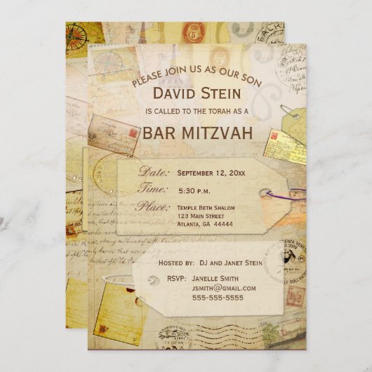 Bar Mitzvah Invitation avec thème voyage (Devant / Derrière)