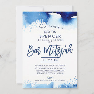 BAR MITZVAH INVITATION lettré à la main bleu aquar