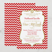 Bar Mitzvah Invitation Red Gold Elegant Chevron (Devant / Derrière)