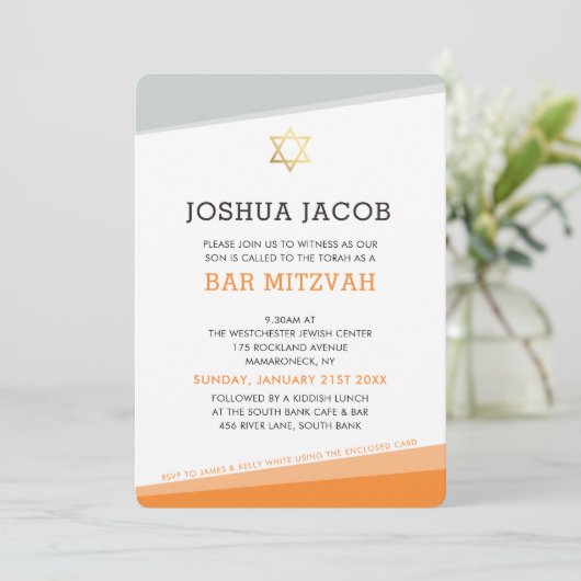 BAR MITZVAH INVITATION simple moderne orange gris  (Debout devant)