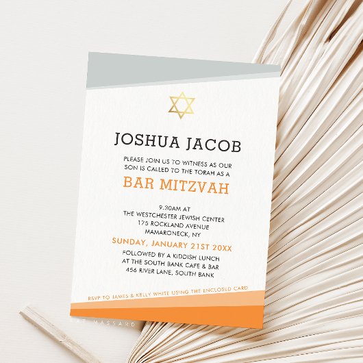 BAR MITZVAH INVITATION simple moderne orange gris 