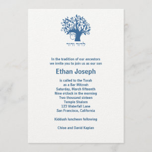 Bar Mitzvah Invitation Tree of Life Blue Hebrew Kaart