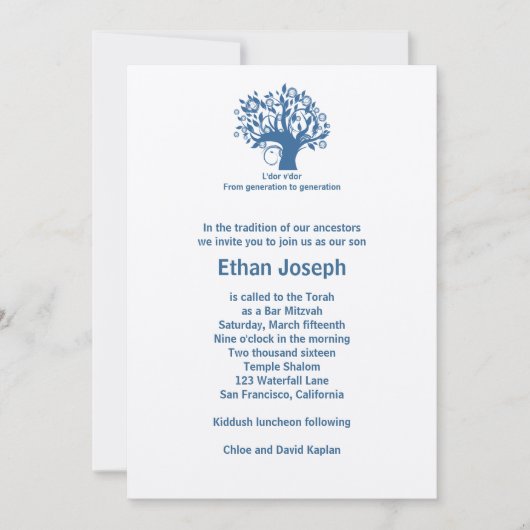 Bar Mitzvah Invitation Tree of Life Blue Kaart (Voorkant)