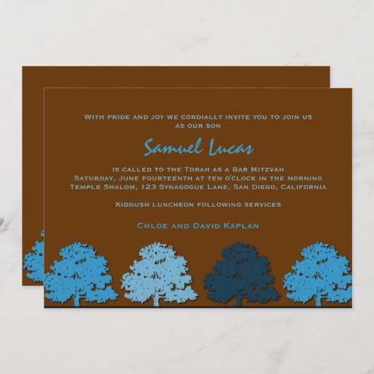 Bar Mitzvah Invitations Samuel Lucas Blue Trees (Devant / Derrière)