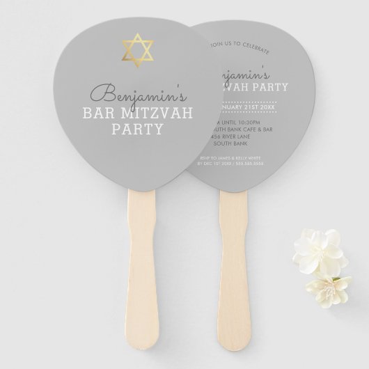 BAR MITZVAH INVITE FAN modern gouden ster grijs Handwaaier (Voorkant en achterkant)