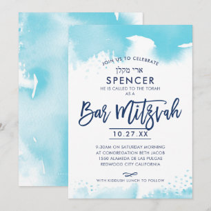 BAR MITZVAH INVITE met de hand geletterde aqua wat Kaart