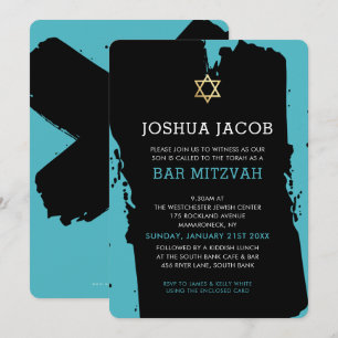 BAR MITZVAH INVITE modern grunge turquoise blue Kaart