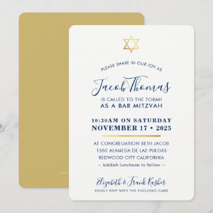BAR MITZVAH INVITE simpele moderne gouden marinebl Kaart