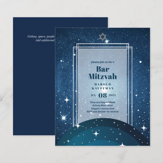 BAR MITZVAH KAARTEN Celestial Skies Blue Galaxy Go (Voorkant / Achterkant)