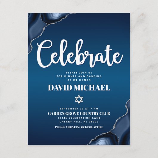 Bar Mitzvah Marine Blauw Ombre Agate Script Modern Informatiekaartje (Voorkant)