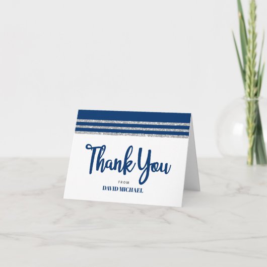 Bar Mitzvah Marine Blauw Zilver Tallit Script Mode Bedankkaart (Voorkant)
