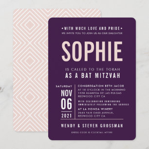 BAR MITZVAH modern bloktype aubergine blush pink Kaart