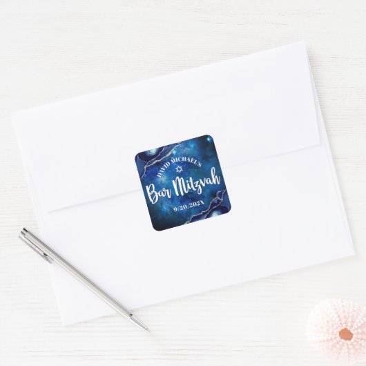 Bar Mitzvah Modern Blue Agate Waterverf Script Vierkante Sticker (Envelop)