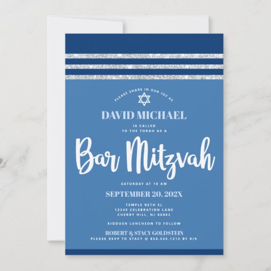 Bar Mitzvah Modern Blue Silver Tallit Bold Script Kaart (Voorkant)