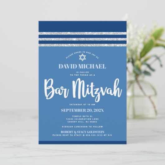 Bar Mitzvah Modern Blue Silver Tallit Bold Script Kaart (Staand voorkant)