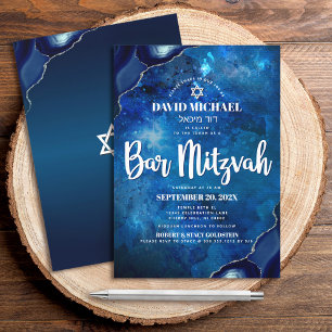 Bar Mitzvah Modern Blue Waterverf Agate Script Kaart