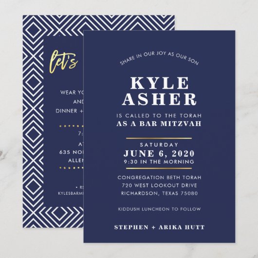 Bar Mitzvah modern gewoon marineblauw wit Kaart (Voorkant / Achterkant)