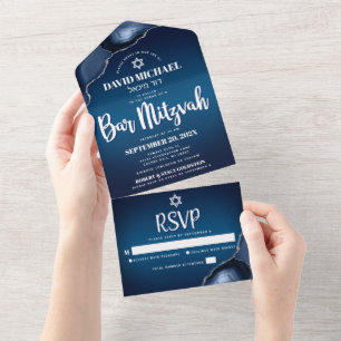 Bar Mitzvah Modern Navy Blue Ombre Agate Script All In One Uitnodiging
