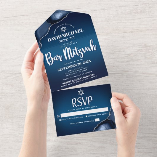 Bar Mitzvah Modern Navy Blue Ombre Agate Script All In One Uitnodiging (Afscheurbaar)