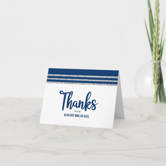 Bar Mitzvah Modern Navy Blue Silver Tallit Script Bedankkaart (Voorkant)