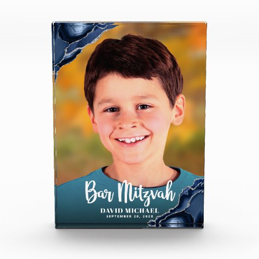 Bar Mitzvah Modern Script Navy Blue Agate Keepomwi Fotoblokken (Voorkant)