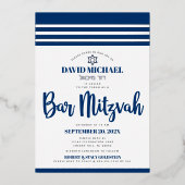 Bar Mitzvah Modern Tallit Navy Script Real Silver Folie Uitnodiging (Voorkant)