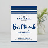 Bar Mitzvah Modern Tallit Navy Script Real Silver Folie Uitnodiging (Staand Voorkant)