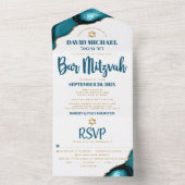 Bar Mitzvah Modern Turquoise Agaat Script Party All In One Uitnodiging (Binnen)