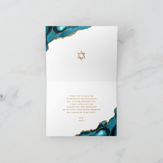 Bar Mitzvah Modern Turquoise Ombre Agate Script Bedankkaart (Binnen)