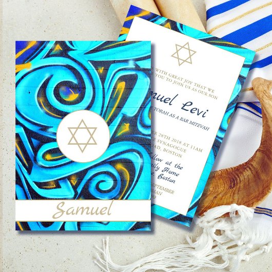 Bar Mitzvah Moderne Juif Blue Motif Invitation