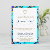 Bar Mitzvah Moderne Juif Blue Motif Invitation (Debout devant)