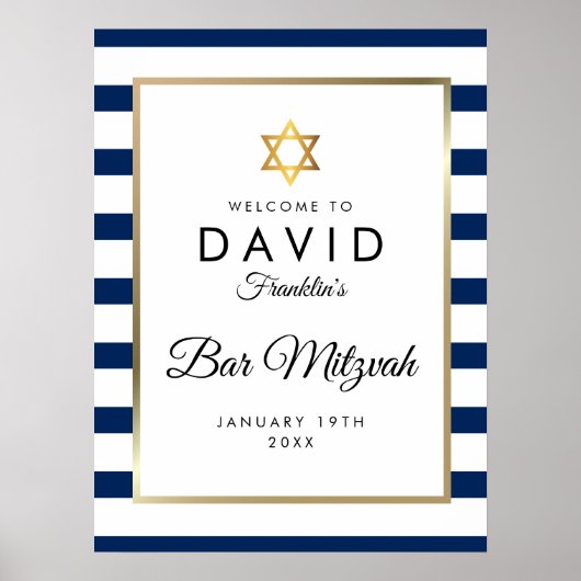 Bar Mitzvah Navy Blau Wit Goud Welkomstbord Poster (Voorkant)