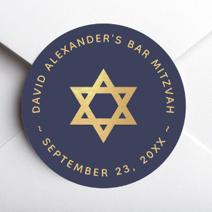 Bar Mitzvah Navy Blauwe Nep Goud Folie Ster van Da Ronde Sticker