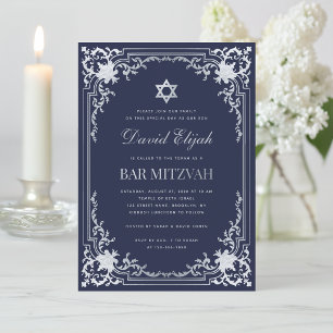 Bar Mitzvah Navy Blue Faux Silver Elegant Kaart