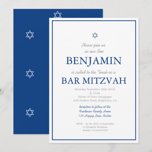 Bar Mitzvah Navy Blue Hebrew Joodse uitnodiging (Voorkant / Achterkant)