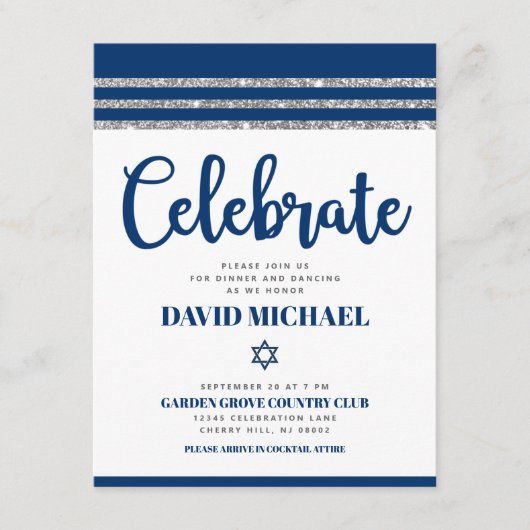 Bar Mitzvah Navy Blue Script Simple Modern Tallit Informatiekaartje (Voorkant)