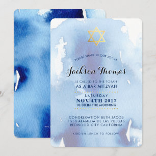 BAR MITZVAH or élégant bleu aquarelle invitation