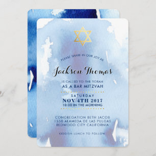 BAR MITZVAH or stylisé invitation d'aquarelle bleu