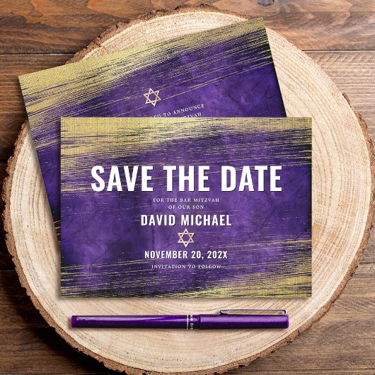 Bar Mitzvah Paarse Waterverf Gold Foil Modern Save The Date