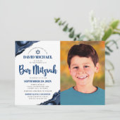 Bar Mitzvah Photo Modern Navy Blue Agate Script Kaart (Staand voorkant)